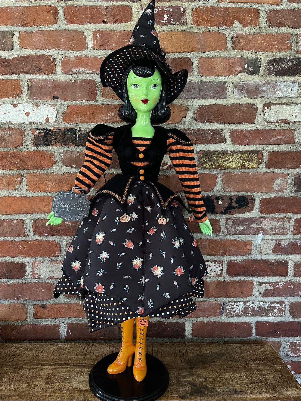 Green Witch Halloween Doll Decor in Black & Orange - Festive Holiday Figurine 36